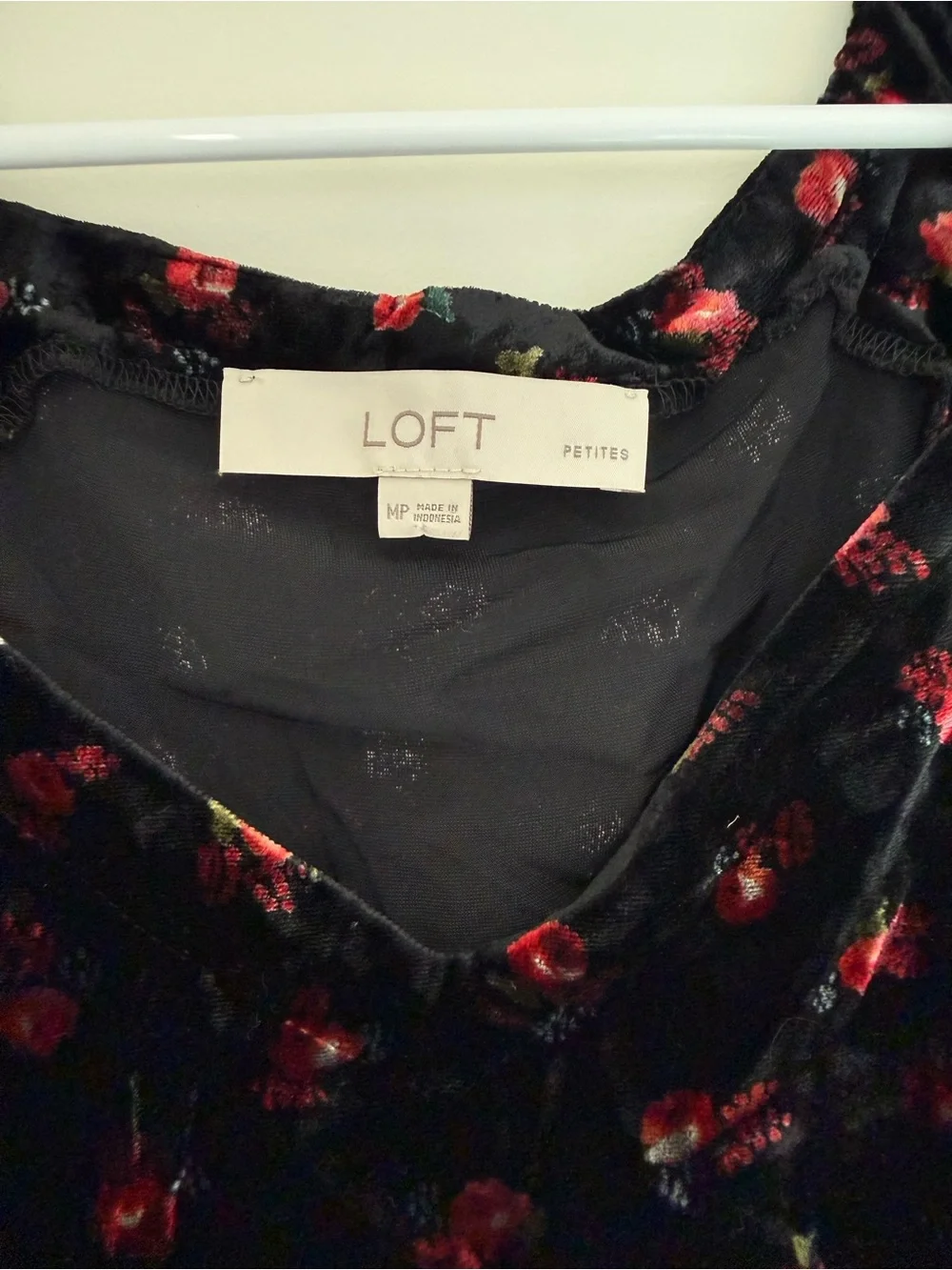 LOFT Black Velvet V-Neck Puff Sleeve Top with Red Floral Print